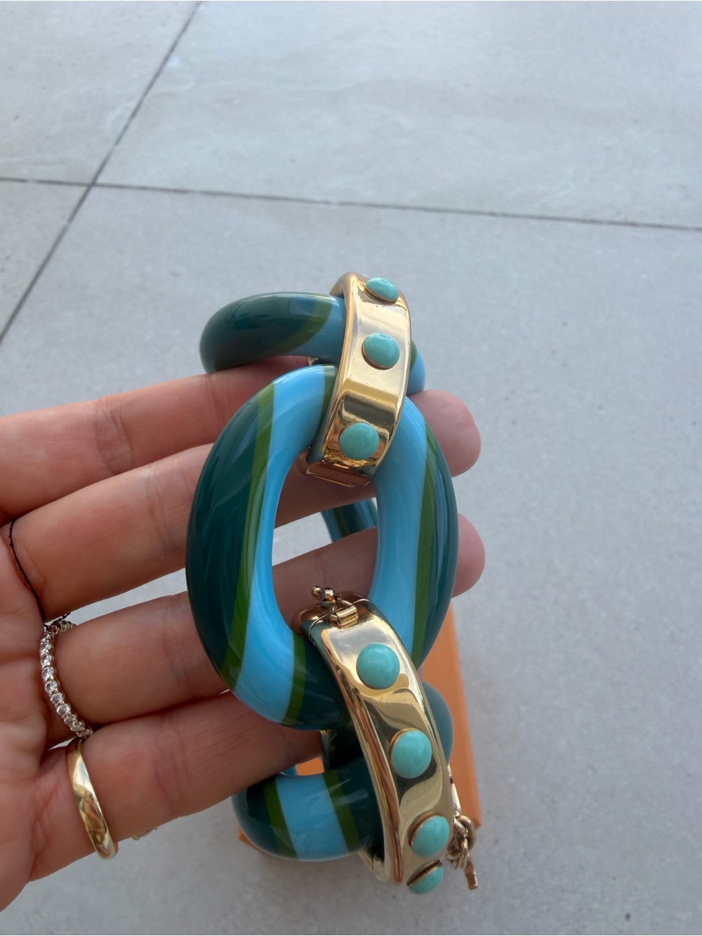 Louis Vuitton Blue and Turquoise Striped Resin Bracelet with Gold LV Charm - Picture 8 of 13